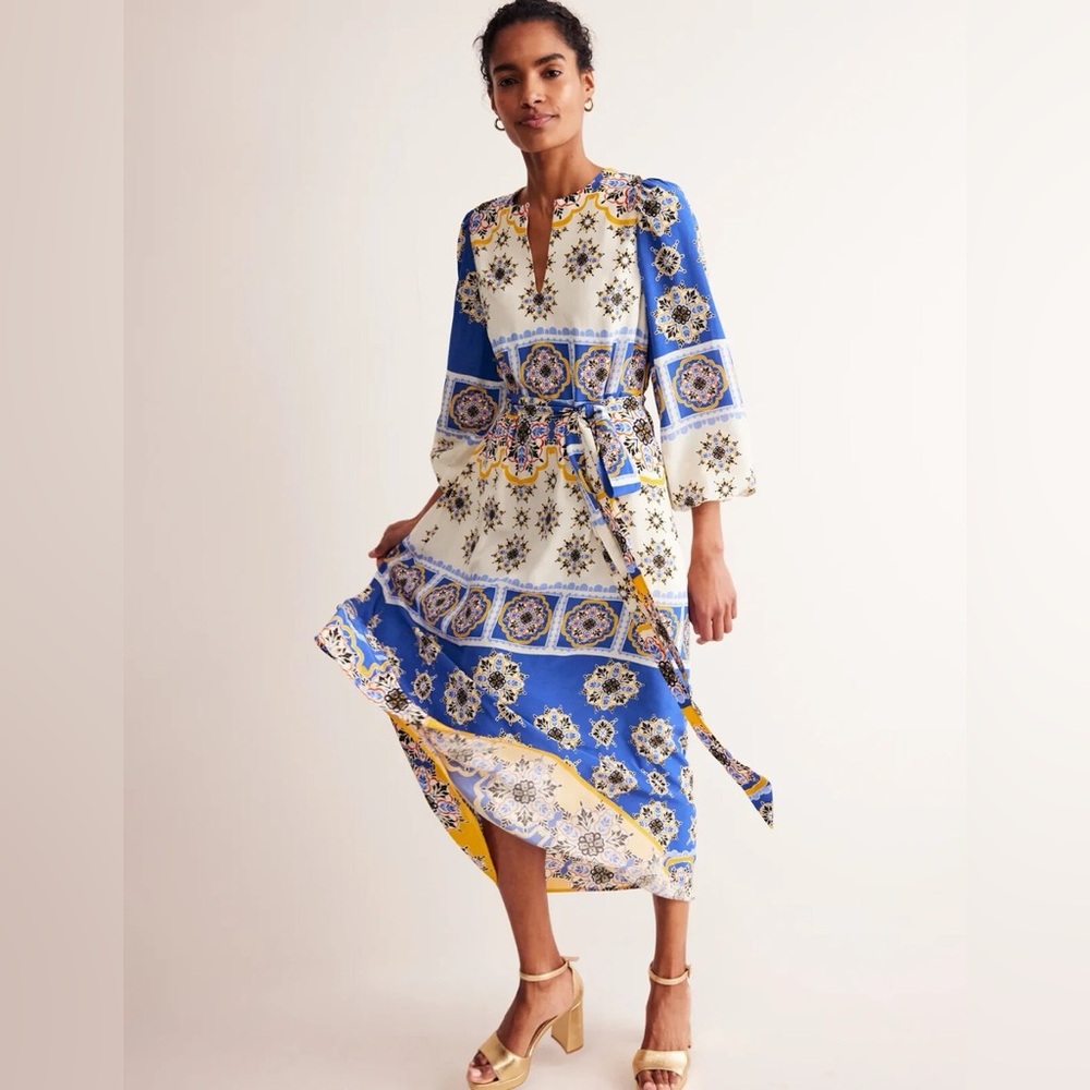 Boden Blue and Yellow Occasion Blouson Long Sleeve Maxi Dress